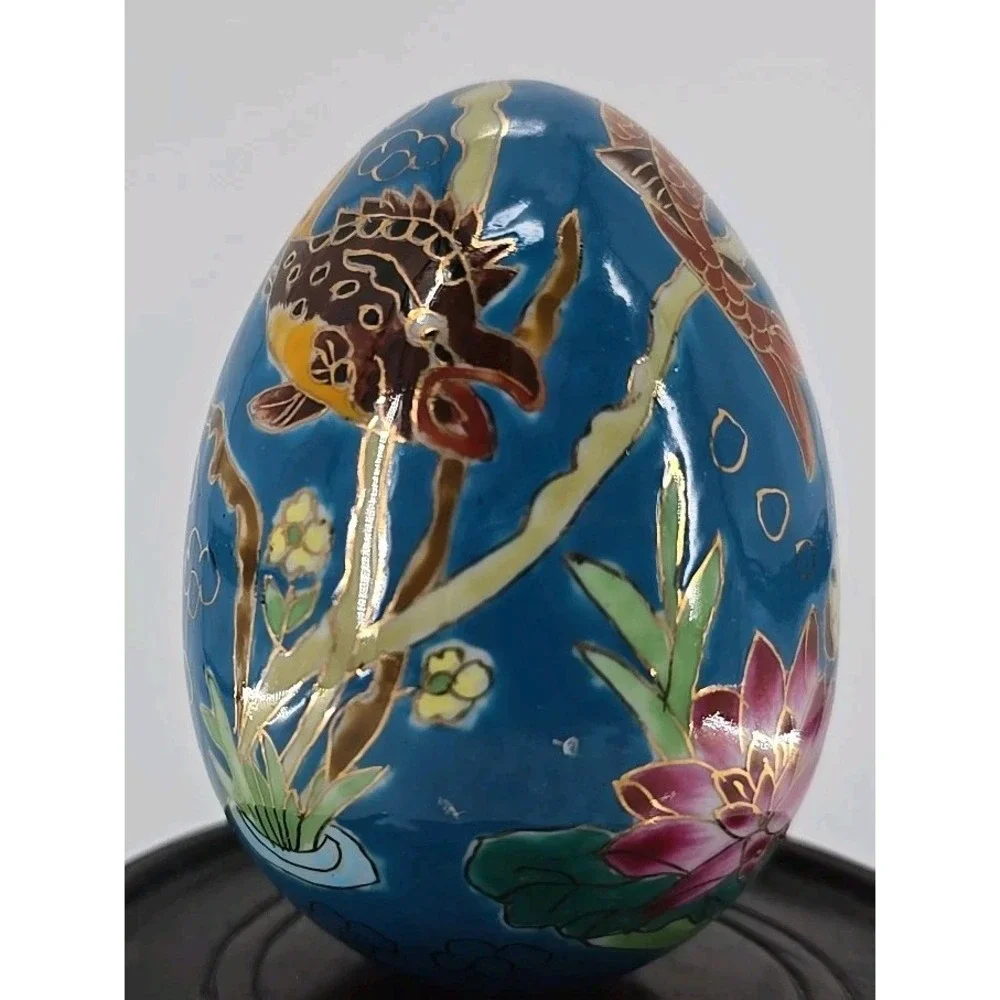 Ceramic Emu Egg- Koi Fish in Pond Graphic- Unique - 7 Oz‎ Enamel Ceramic Egg